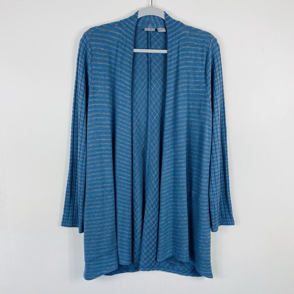 Chico's Size Medium 8 1 Zenergy Chevron Stripe Plush Cardigan Sweater Blue Gray